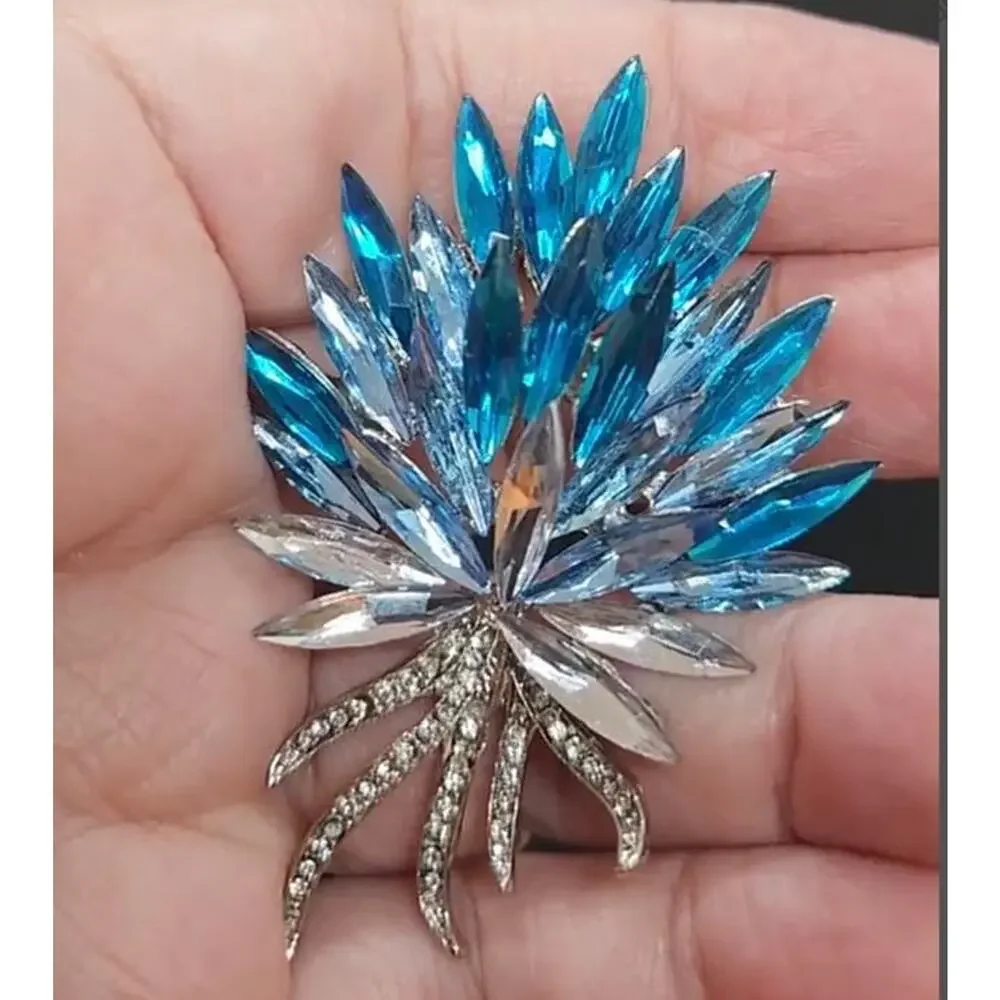 Turquoise Rhinestone Brooch: Silver Tone Faux Jewel Pin